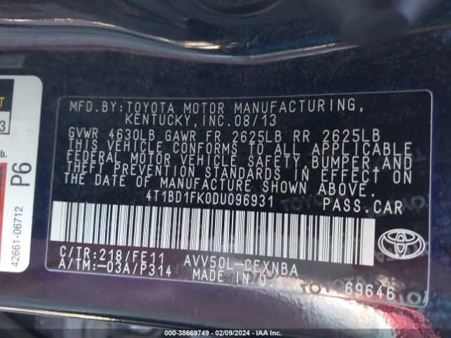 Photo 8 VIN: 4T1BD1FK0DU096931 - TOYOTA CAMRY HYBRID 