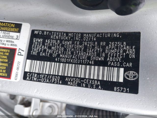 Photo 8 VIN: 4T1BD1FK0EU117746 - TOYOTA CAMRY HYBRID 