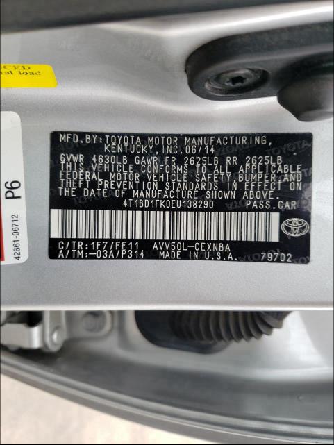 Photo 9 VIN: 4T1BD1FK0EU138290 - TOYOTA CAMRY HYBR 