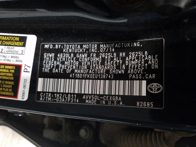 Photo 9 VIN: 4T1BD1FK0EU138743 - TOYOTA CAMRY 