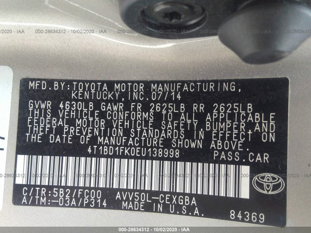 Photo 8 VIN: 4T1BD1FK0EU138998 - TOYOTA CAMRY HYBRID 