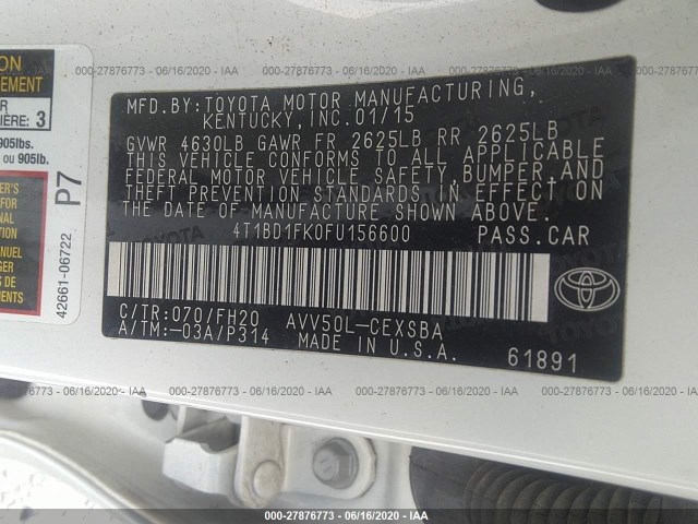 Photo 8 VIN: 4T1BD1FK0FU156600 - TOYOTA CAMRY HYBRID 