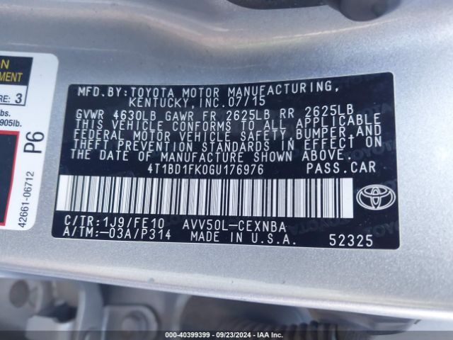 Photo 8 VIN: 4T1BD1FK0GU176976 - TOYOTA CAMRY 