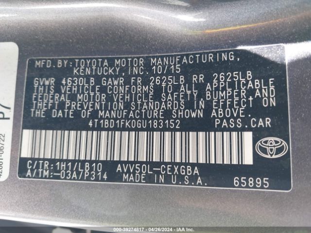 Photo 8 VIN: 4T1BD1FK0GU183152 - TOYOTA CAMRY HYBRID 