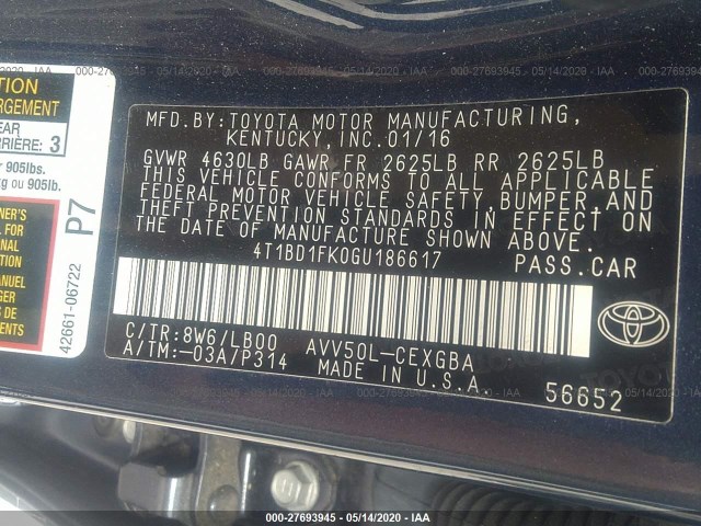 Photo 8 VIN: 4T1BD1FK0GU186617 - TOYOTA CAMRY HYBRID 