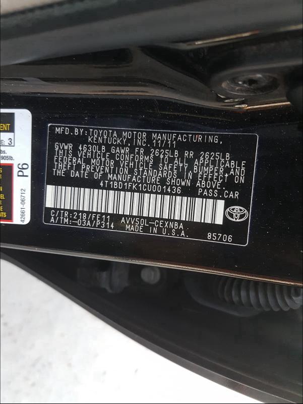 Photo 9 VIN: 4T1BD1FK1CU001436 - TOYOTA CAMRY HYBR 