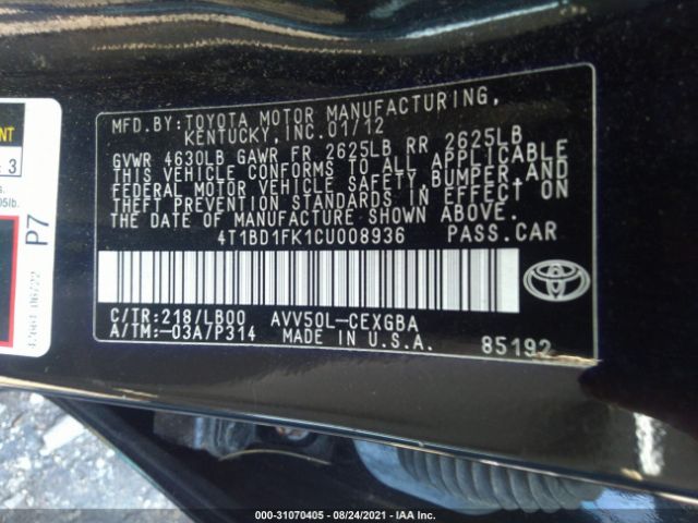 Photo 8 VIN: 4T1BD1FK1CU008936 - TOYOTA CAMRY HYBRID 