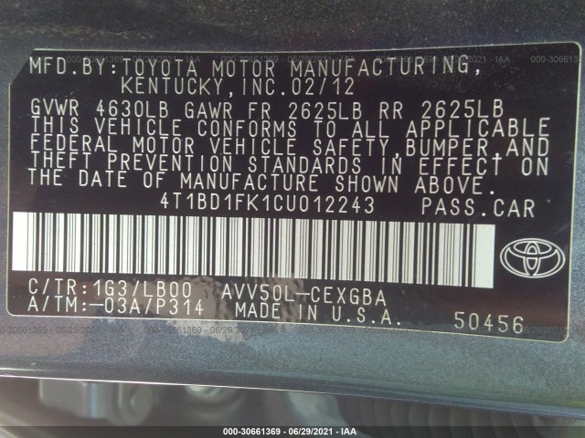 Photo 8 VIN: 4T1BD1FK1CU012243 - TOYOTA CAMRY HYBRID 