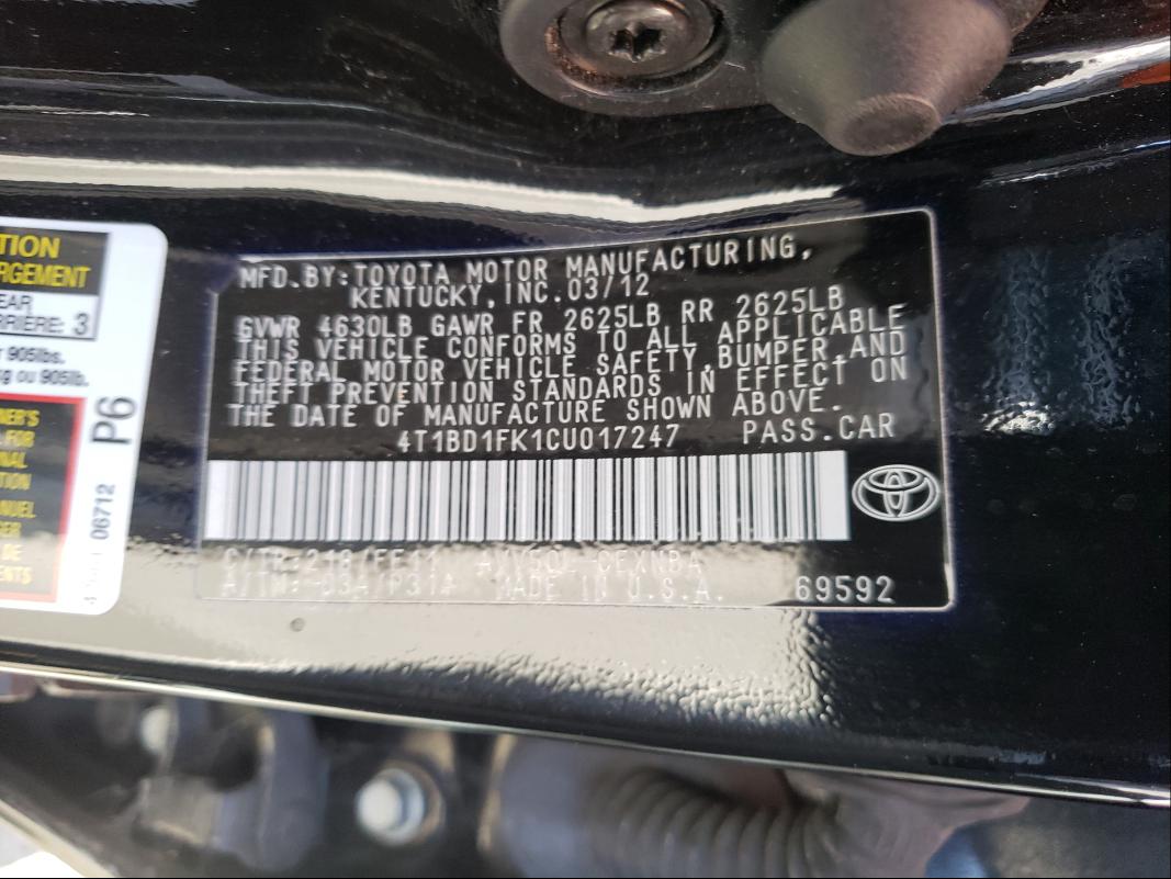 Photo 9 VIN: 4T1BD1FK1CU017247 - TOYOTA CAMRY HYBR 