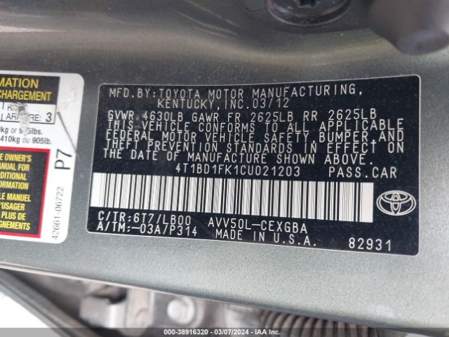 Photo 8 VIN: 4T1BD1FK1CU021203 - TOYOTA CAMRY HYBRID 