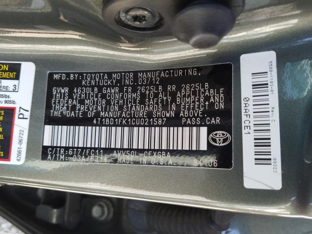 Photo 9 VIN: 4T1BD1FK1CU021587 - TOYOTA CAMRY HYBR 