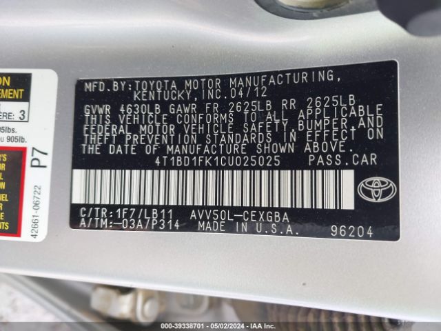 Photo 8 VIN: 4T1BD1FK1CU025025 - TOYOTA CAMRY HYBRID 