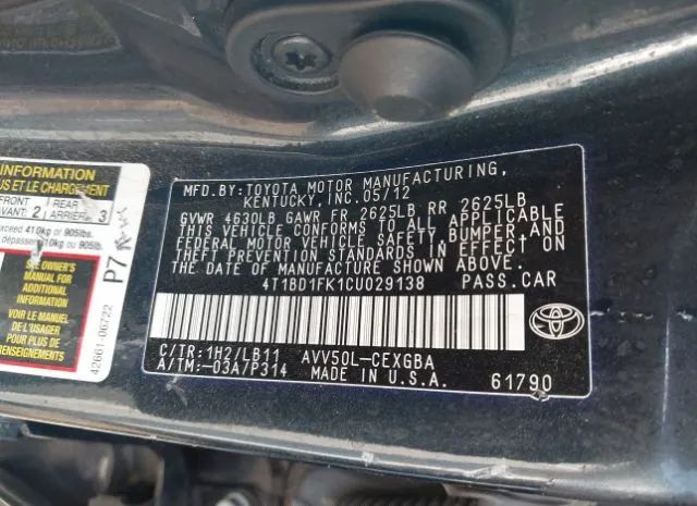 Photo 8 VIN: 4T1BD1FK1CU029138 - TOYOTA CAMRY 