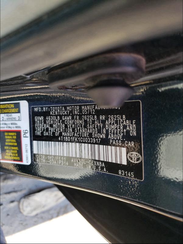 Photo 9 VIN: 4T1BD1FK1CU033917 - TOYOTA CAMRY HYBR 