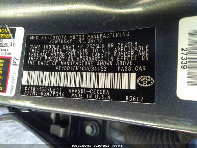 Photo 8 VIN: 4T1BD1FK1CU034453 - TOYOTA CAMRY HYBRID 