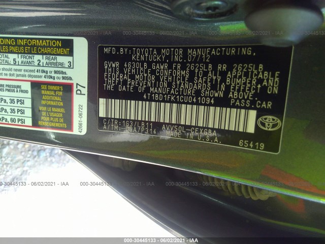 Photo 8 VIN: 4T1BD1FK1CU041094 - TOYOTA CAMRY HYBRID 