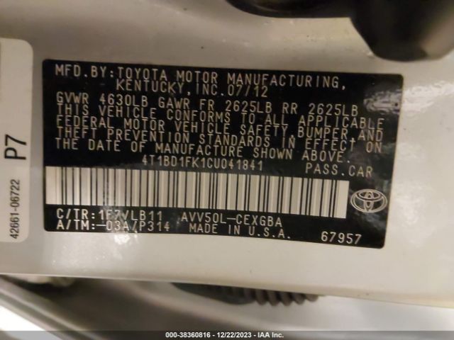 Photo 8 VIN: 4T1BD1FK1CU041841 - TOYOTA CAMRY 