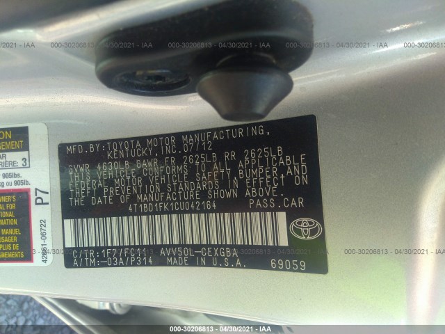 Photo 8 VIN: 4T1BD1FK1CU042164 - TOYOTA CAMRY HYBRID 