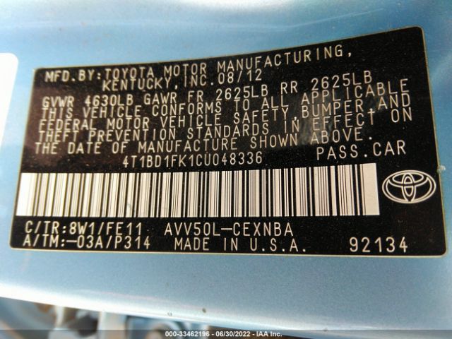 Photo 8 VIN: 4T1BD1FK1CU048336 - TOYOTA CAMRY HYBRID 