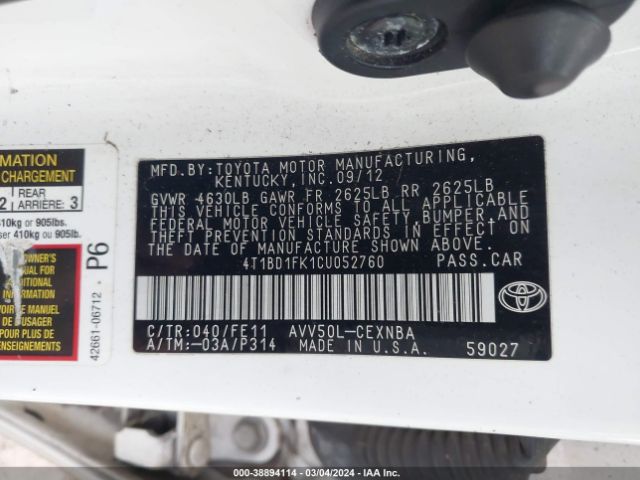 Photo 8 VIN: 4T1BD1FK1CU052760 - TOYOTA CAMRY HYBRID 