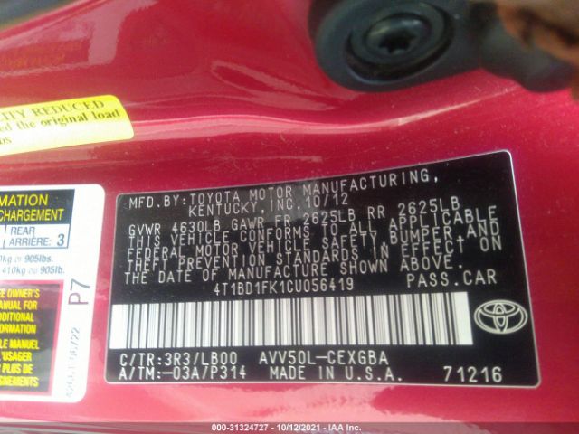 Photo 8 VIN: 4T1BD1FK1CU056419 - TOYOTA CAMRY HYBRID 