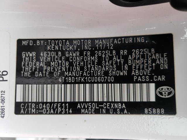 Photo 9 VIN: 4T1BD1FK1CU060700 - TOYOTA CAMRY HYBR 