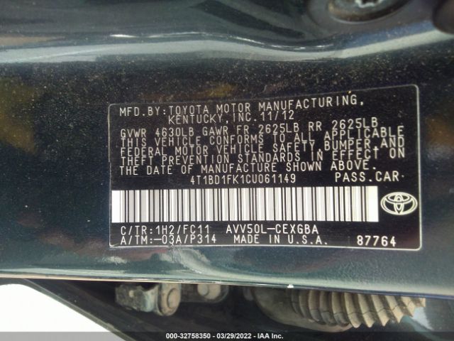 Photo 8 VIN: 4T1BD1FK1CU061149 - TOYOTA CAMRY HYBRID 