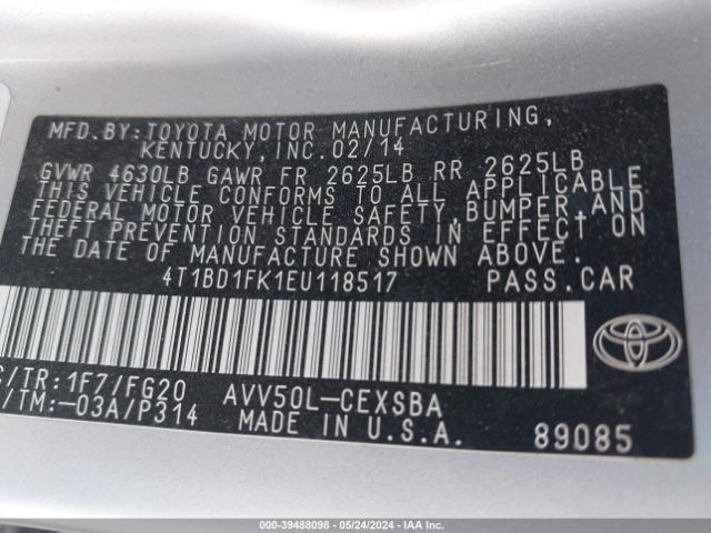 Photo 8 VIN: 4T1BD1FK1EU118517 - TOYOTA CAMRY HYBRID 