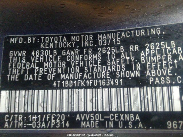 Photo 8 VIN: 4T1BD1FK1FU163491 - TOYOTA CAMRY HYBRID 