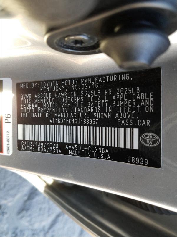 Photo 9 VIN: 4T1BD1FK1GU188957 - TOYOTA CAMRY HYBR 