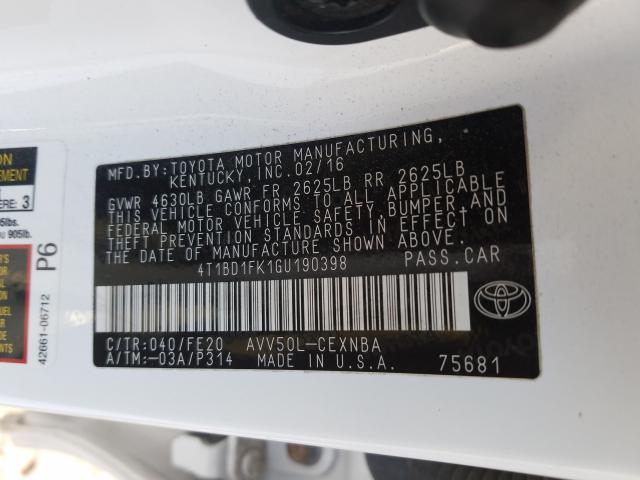 Photo 9 VIN: 4T1BD1FK1GU190398 - TOYOTA CAMRY HYBR 