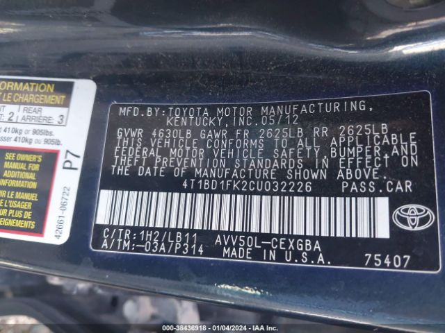 Photo 8 VIN: 4T1BD1FK2C4032226 - TOYOTA CAMRY HYBRID 