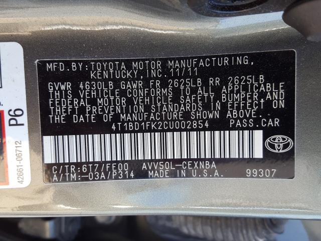 Photo 9 VIN: 4T1BD1FK2CU002854 - TOYOTA CAMRY 