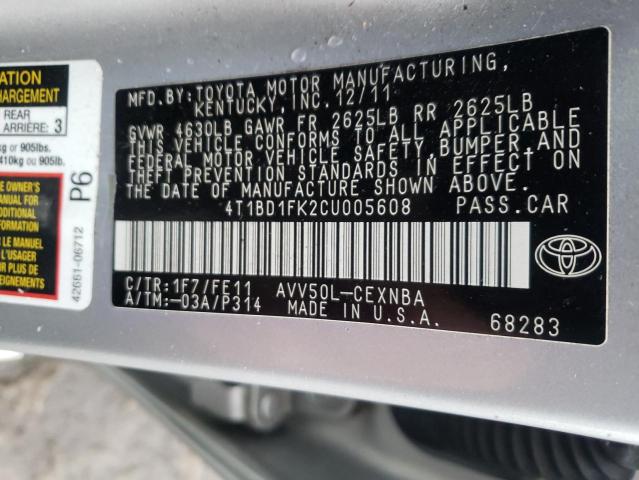 Photo 9 VIN: 4T1BD1FK2CU005608 - TOYOTA CAMRY HYBR 