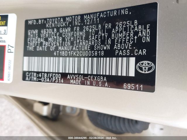 Photo 8 VIN: 4T1BD1FK2CU005818 - TOYOTA CAMRY HYBRID 