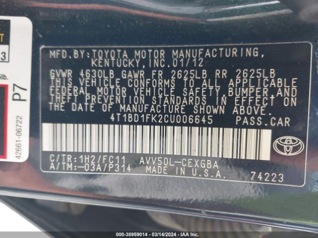 Photo 8 VIN: 4T1BD1FK2CU006645 - TOYOTA CAMRY HYBRID 