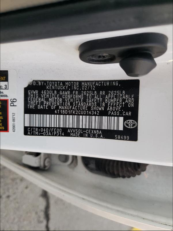 Photo 9 VIN: 4T1BD1FK2CU014342 - TOYOTA CAMRY HYBR 