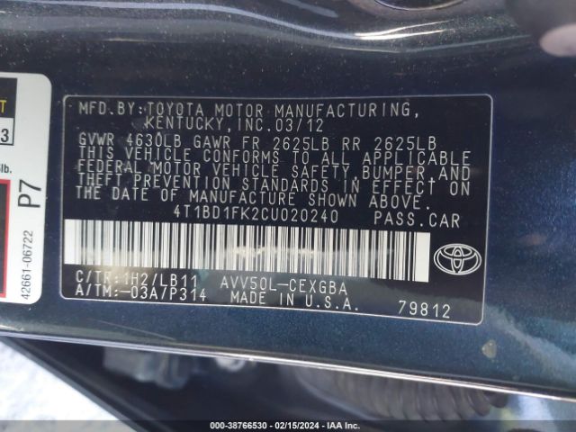 Photo 8 VIN: 4T1BD1FK2CU020240 - TOYOTA CAMRY HYBRID 