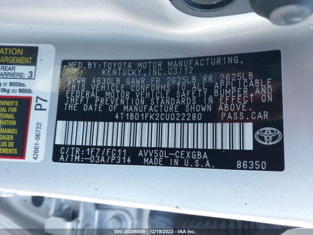 Photo 8 VIN: 4T1BD1FK2CU022280 - TOYOTA CAMRY HYBRID 