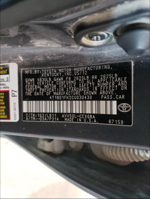 Photo 9 VIN: 4T1BD1FK2CU030430 - TOYOTA CAMRY HYBR 