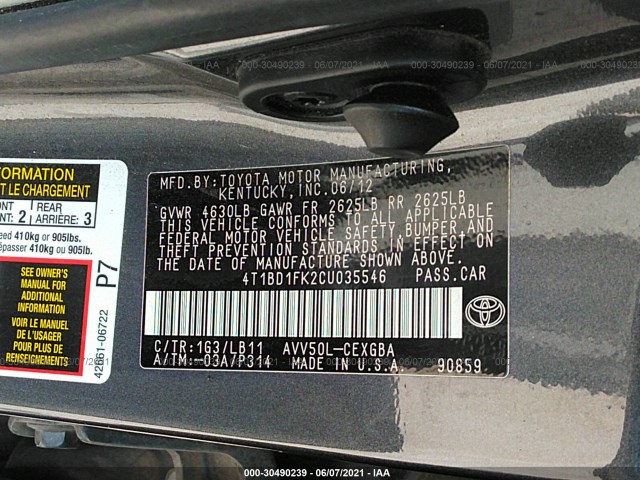 Photo 8 VIN: 4T1BD1FK2CU035546 - TOYOTA CAMRY HYBRID 