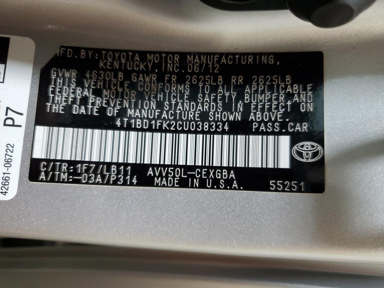 Photo 12 VIN: 4T1BD1FK2CU038334 - TOYOTA CAMRY 