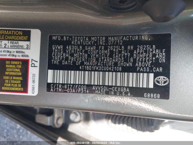 Photo 8 VIN: 4T1BD1FK2CU042108 - TOYOTA CAMRY HYBRID 