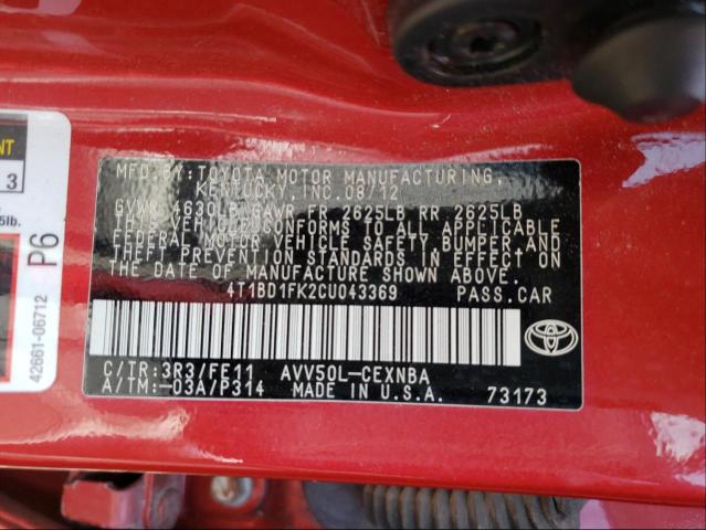 Photo 9 VIN: 4T1BD1FK2CU043369 - TOYOTA CAMRY HYBR 