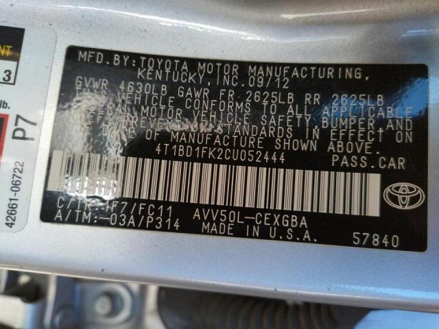 Photo 9 VIN: 4T1BD1FK2CU052444 - TOYOTA CAMRY HYBR 