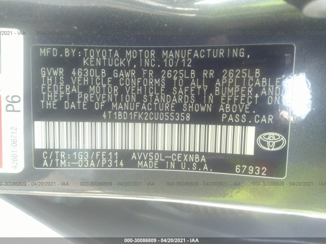 Photo 8 VIN: 4T1BD1FK2CU055358 - TOYOTA CAMRY HYBRID 