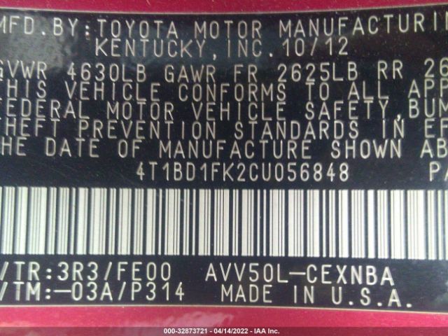 Photo 8 VIN: 4T1BD1FK2CU056848 - TOYOTA CAMRY HYBRID 