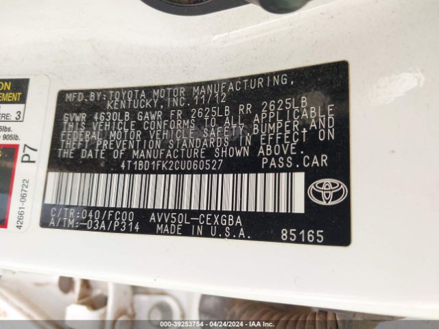 Photo 8 VIN: 4T1BD1FK2CU060527 - TOYOTA CAMRY HYBRID 