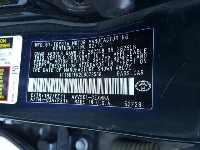 Photo 9 VIN: 4T1BD1FK2DU073568 - TOYOTA CAMRY HYBR 