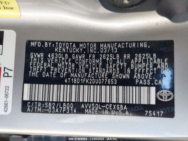 Photo 8 VIN: 4T1BD1FK2DU077653 - TOYOTA CAMRY HYBRID 